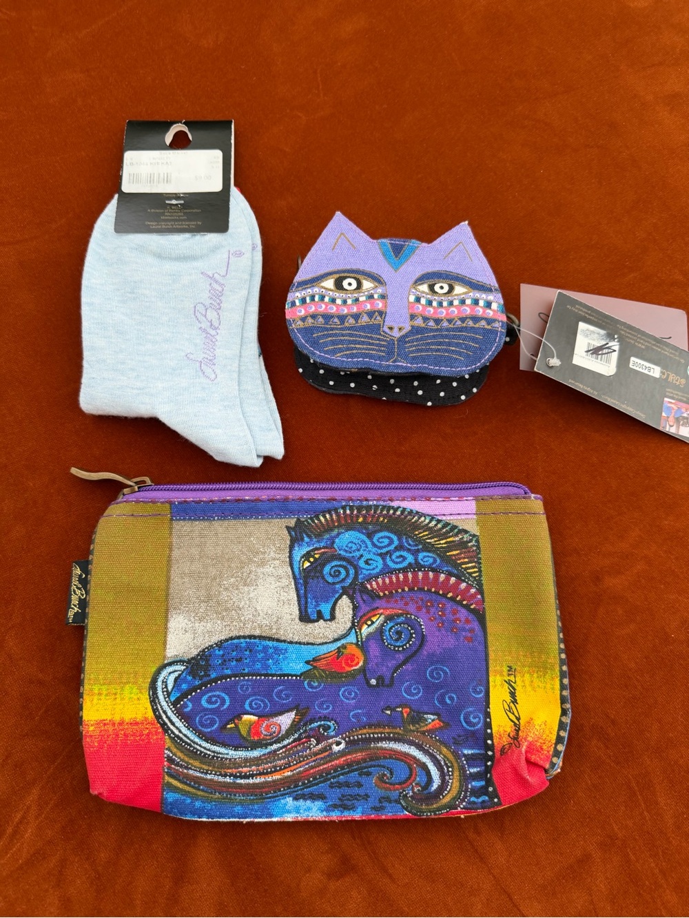 Vintage Laurel Burch Bundle NWT Cats And Horses Pouch Coin Purse And Socks